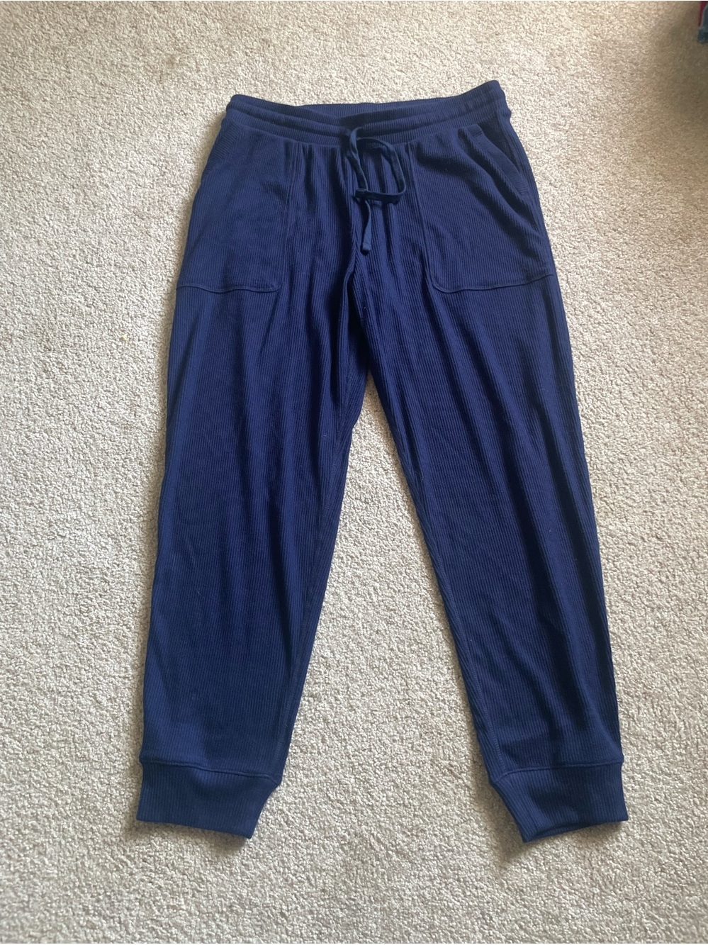 Lands' End Navy Ribbed Knit Jogger Pants Drawstring Cuffed Lounge L EUC